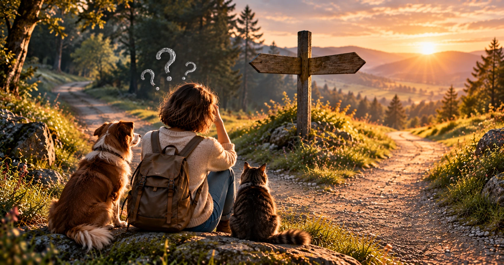 Frau sitzt mit Hund und Katze vor einer Weggabelung bei Sonnenuntergang – Symbolbild für Zweifel und Entscheidung
