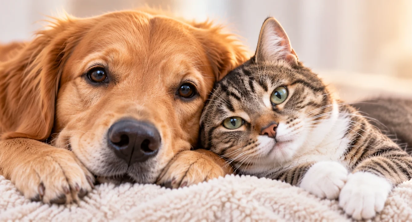 Hund und Katze kuscheln sich aneinander
